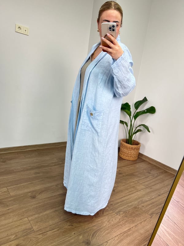 %100 Ham Keten Maxi Ceket (Bebe Mavi) 