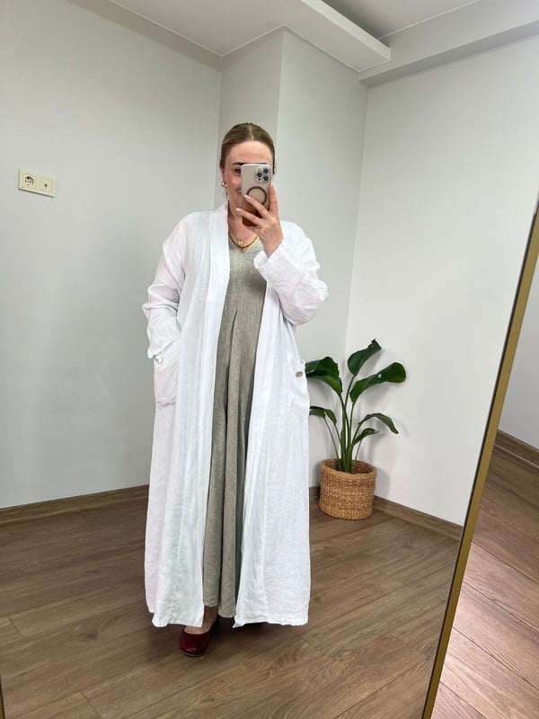 %100 Ham Keten Maxi Ceket (Beyaz) 