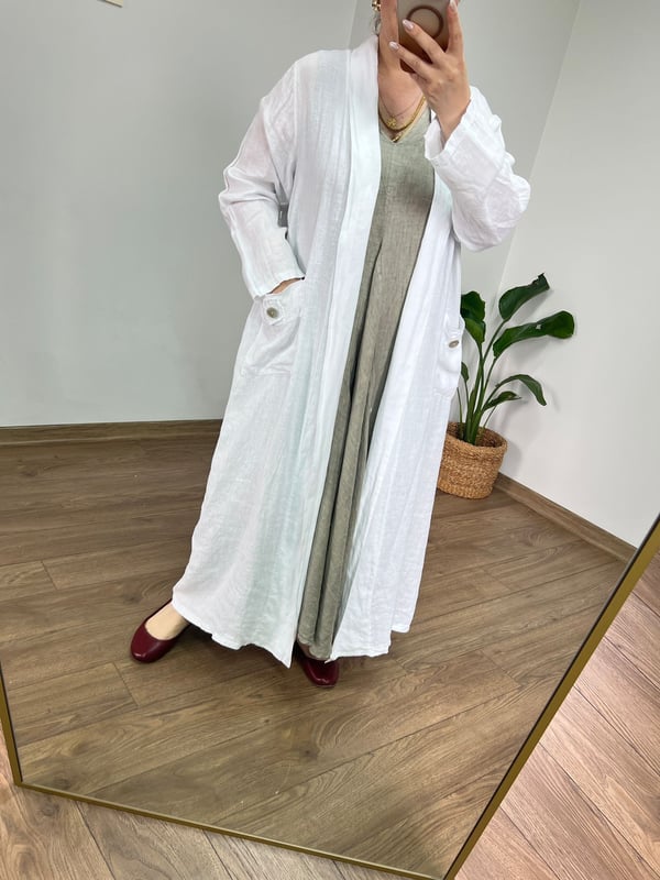 %100 Ham Keten Maxi Ceket (Beyaz) 
