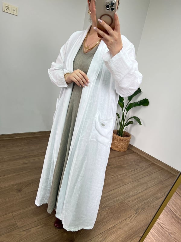 %100 Ham Keten Maxi Ceket (Beyaz) 