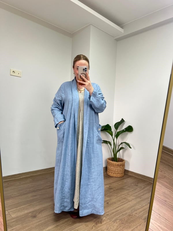 %100 Ham Keten Maxi Ceket (İndigo Mavi) 