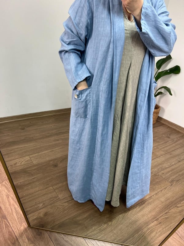 %100 Ham Keten Maxi Ceket (İndigo Mavi) 