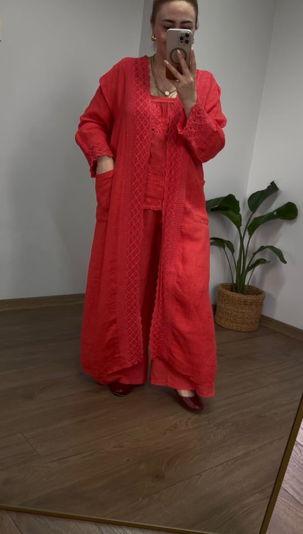 %100 Ham Keten Maxi Ceket (Nar Çiçeği) 