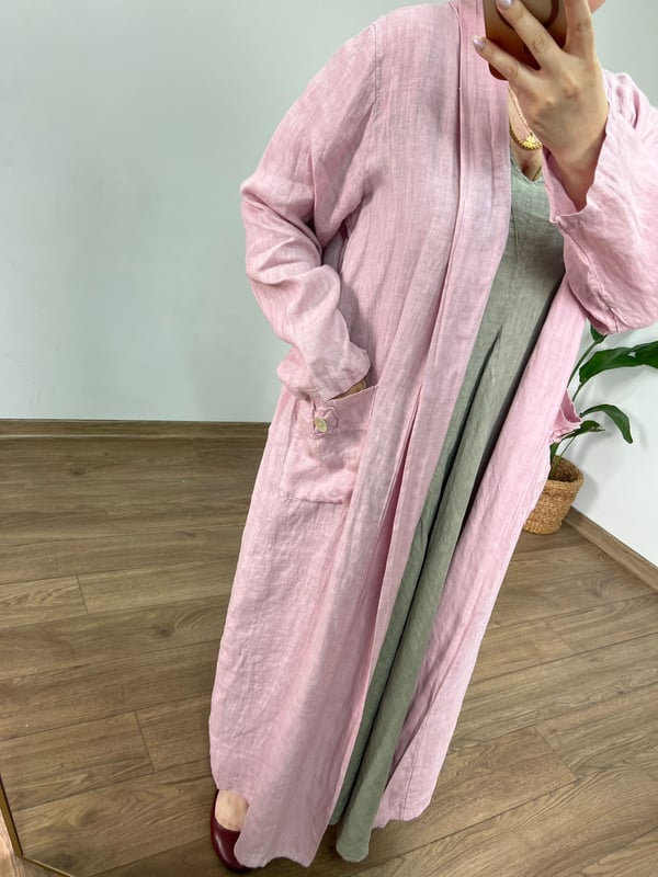 %100 Ham Keten Maxi Ceket (Pudra Pembe) 