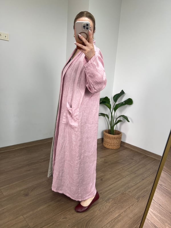 %100 Ham Keten Maxi Ceket (Pudra Pembe) 