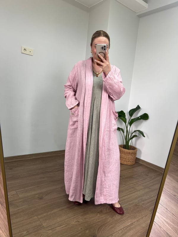 %100 Ham Keten Maxi Ceket (Pudra Pembe) 