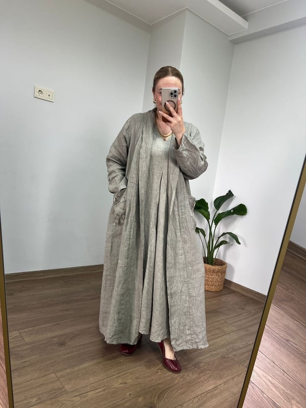 %100 Ham Keten Maxi Ceket (Vizon) 