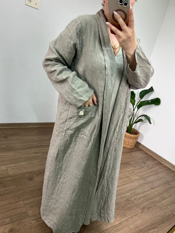 %100 Ham Keten Maxi Ceket (Vizon) 