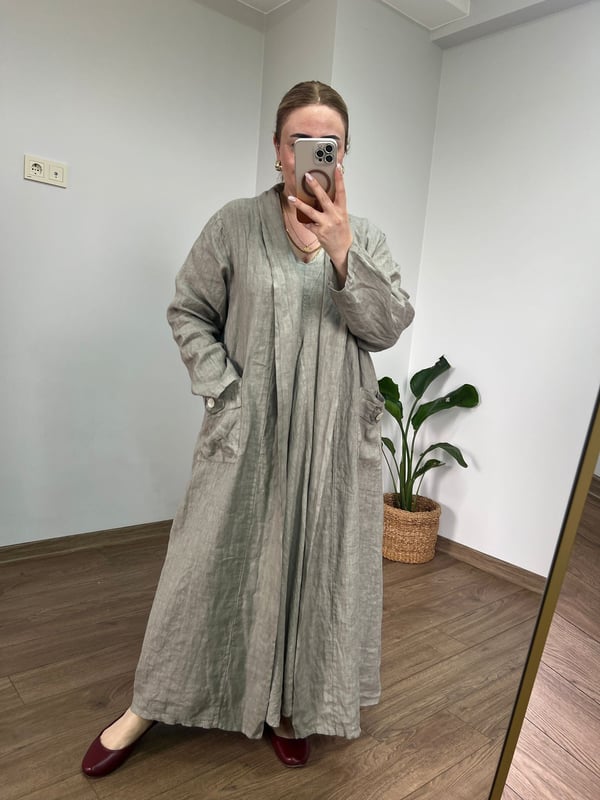 %100 Ham Keten Maxi Ceket (Vizon) 