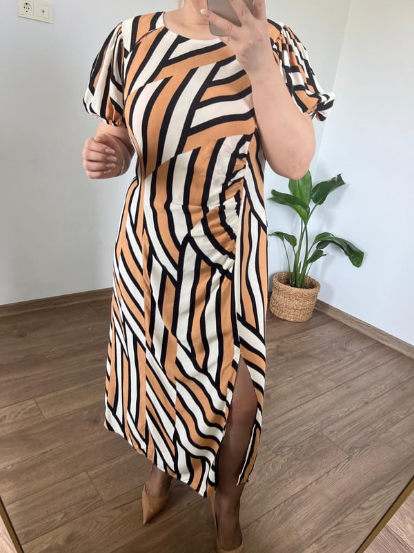 Balon Kol Dokuma Viskon  Geometrik Desen Elbise (Kahve-Krem) 