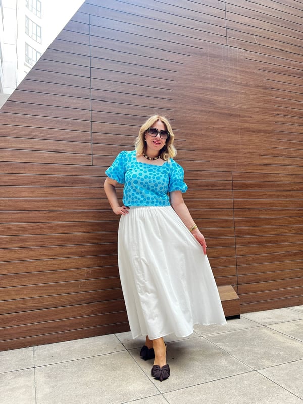 Balon Kol Puantiyeli Crop Bluz (Mavi) 
