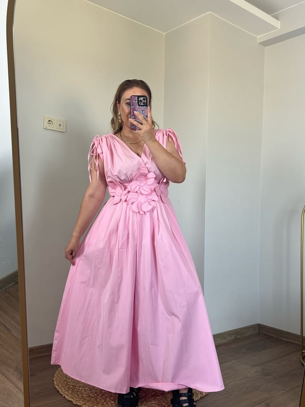 Beli Çiçek Detaylı Maxi Elbise (Pembe)
