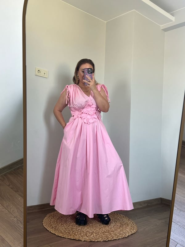 Beli Çiçek Detaylı Maxi Elbise (Pembe)