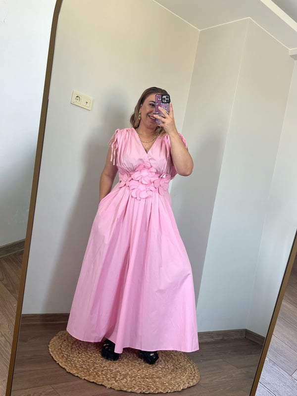 Beli Çiçek Detaylı Maxi Elbise (Pembe)