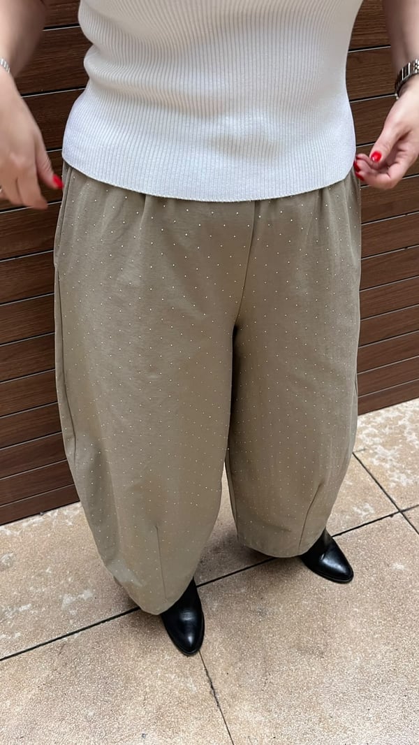 Beli Lastikli Taşlı Şalvar Pantolon (Vizon)