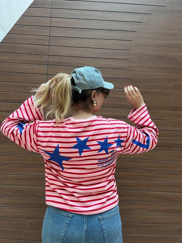 Bisiklet Yaka Yıldız Detaylı İnce Çizgili Basic Bluz(Pembe-Kırmızı)