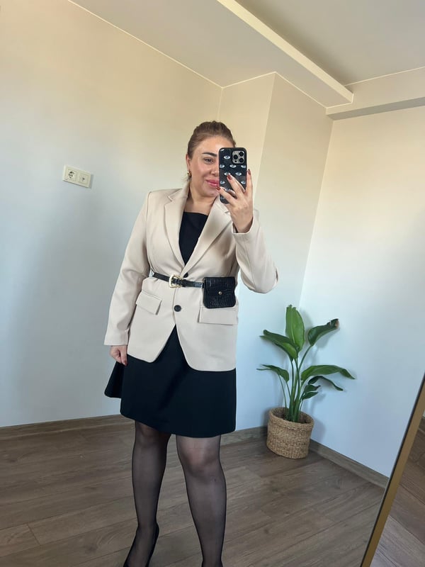 Çanta Kemerli Blazer Ceket (Krem) 