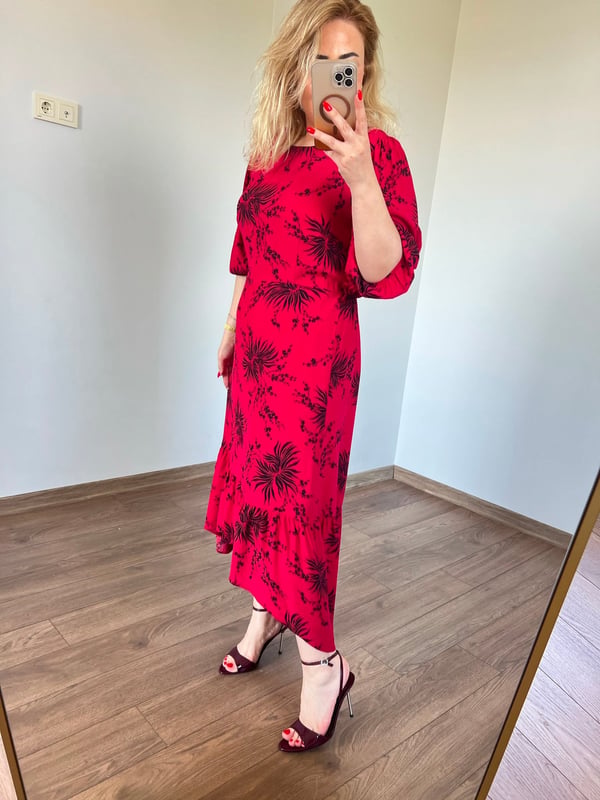 Çiçek Desenli  Maxi Elbise (Kırmızı) 