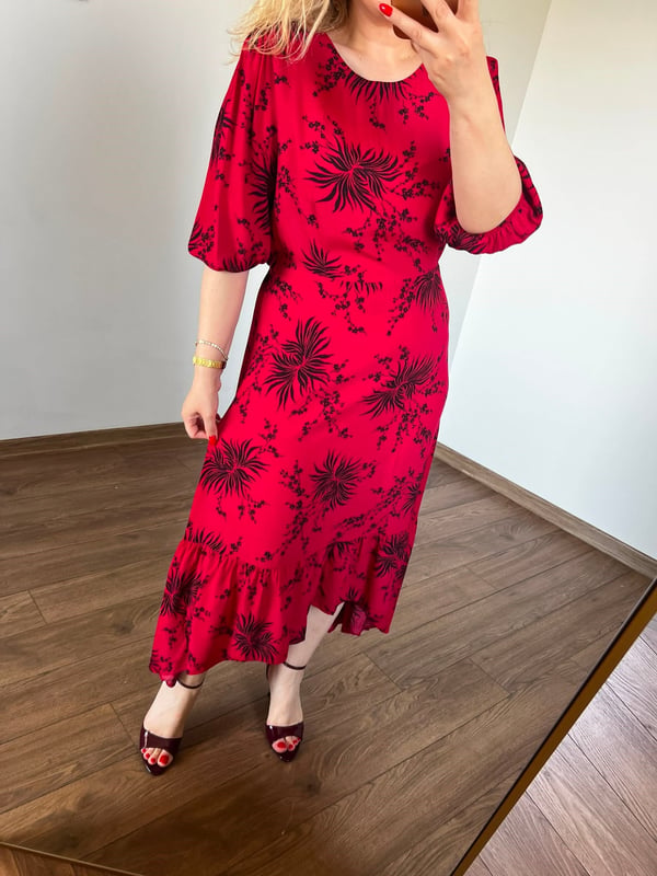 Çiçek Desenli  Maxi Elbise (Kırmızı) 