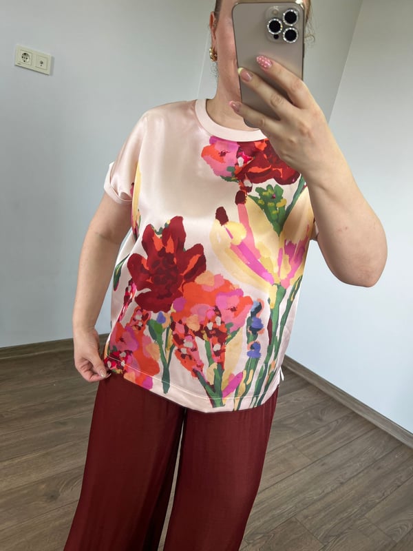 Çiçekli Bisiklet Yaka Tshirt (Somon) 