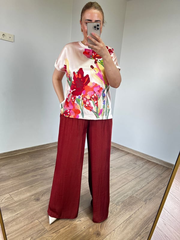 Çiçekli Bisiklet Yaka Tshirt (Somon) 