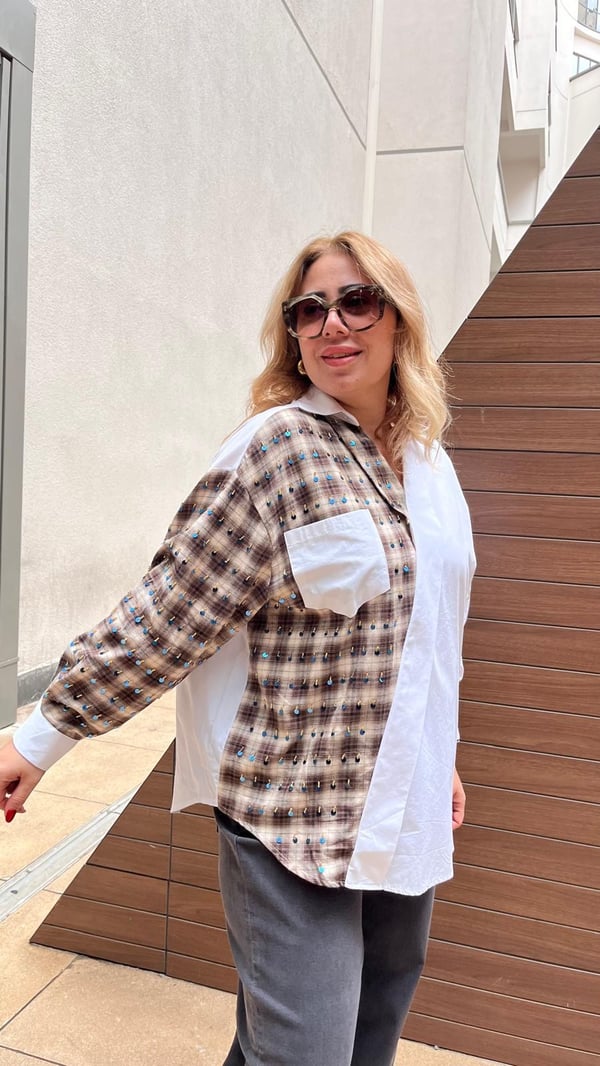 Çift Dokulu Taşlı Gömlek (Beyaz) 