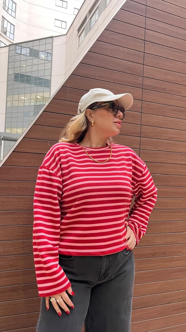 Çizgili Basic Bluz(Kırmızı-Pembe) 