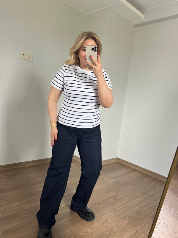 Çizgili Basic Tshirt (Beyaz-Siyah) 