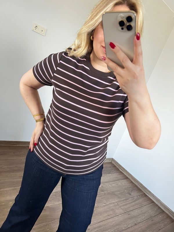 Çizgili Basic Tshirt (Kahve-Pembe) 