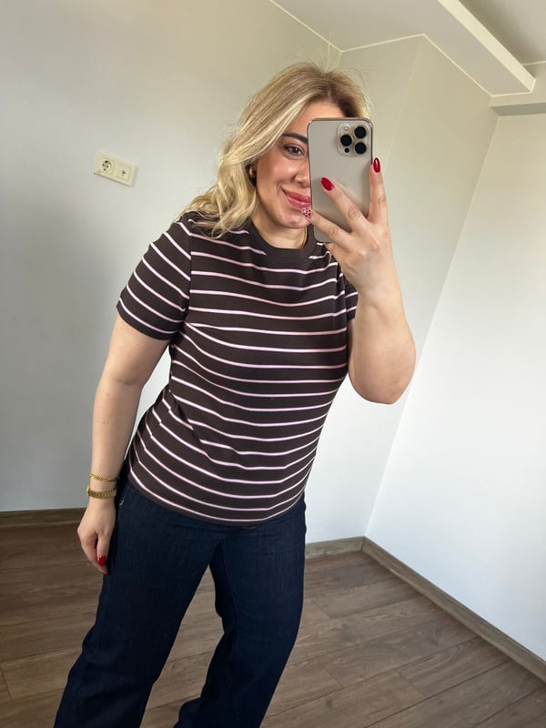 Çizgili Basic Tshirt (Kahve-Pembe) 
