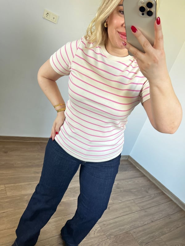 Çizgili Basic Tshirt (Krem-Pembe) 