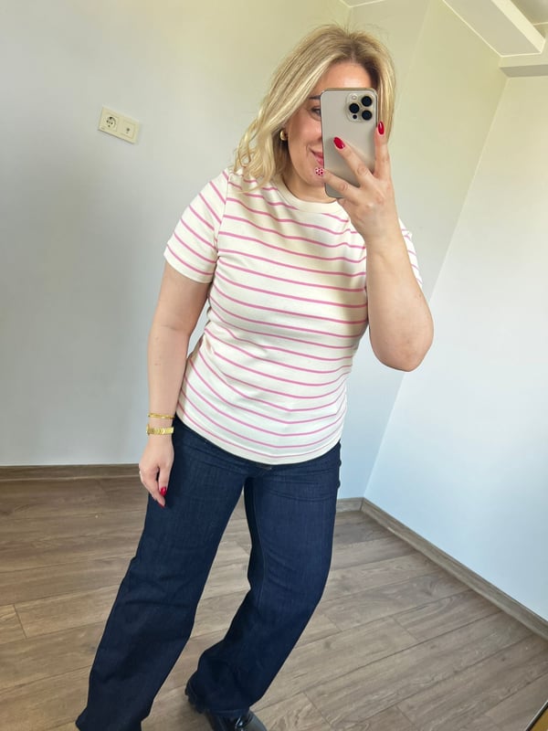 Çizgili Basic Tshirt (Krem-Pembe) 