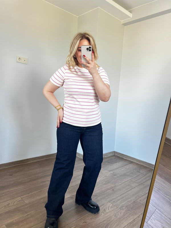 Çizgili Basic Tshirt (Krem-Pembe) 