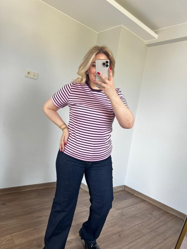 Çizgili Basic Tshirt (Pembe-Mor) 
