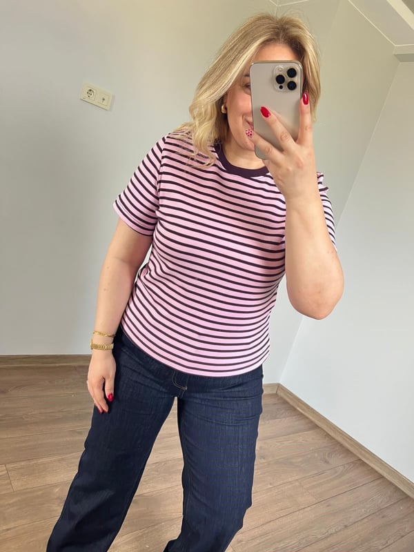 Çizgili Basic Tshirt (Pembe-Mor) 