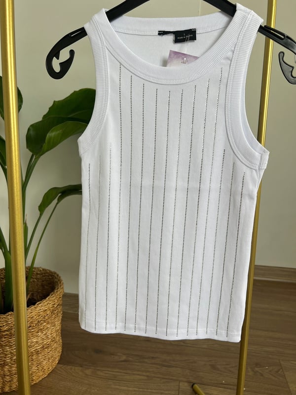 Dağınık Taşlı Kolsuz Body (Dikey Çizgili Beyaz) 