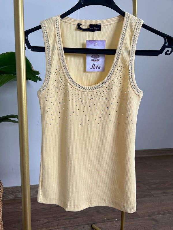 Dağınık Taşlı Kolsuz Body (Sarı) 