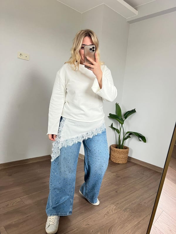 Dantel Detaylı İki İplik Sweat Shirt(Krem)