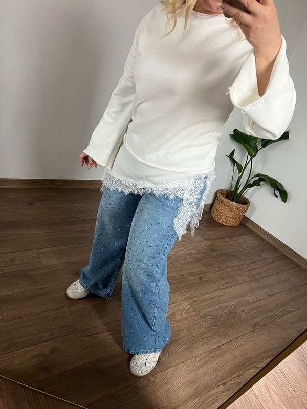 Dantel Detaylı İki İplik Sweat Shirt(Krem)