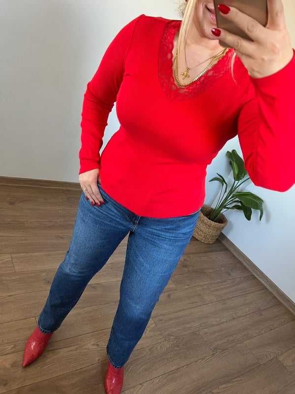 Dantel Detaylı V Yaka Bluz (Kırmızı) 