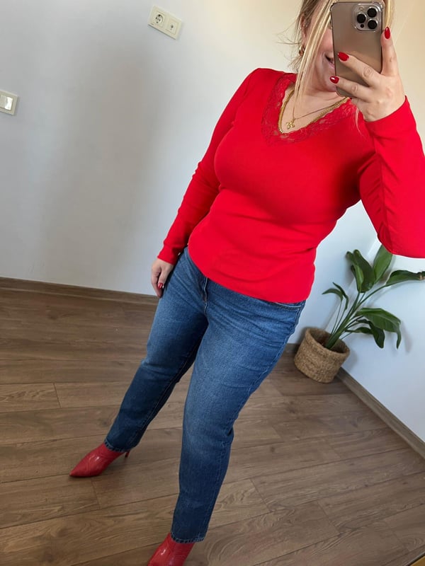 Dantel Detaylı V Yaka Bluz (Kırmızı) 