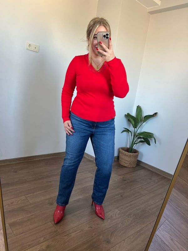 Dantel Detaylı V Yaka Bluz (Kırmızı) 