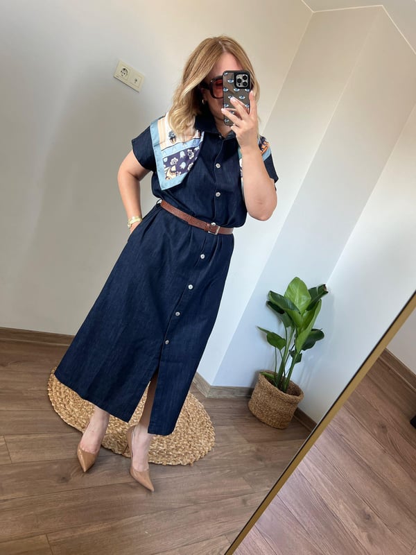 Denim Kemerli Midi Elbise 