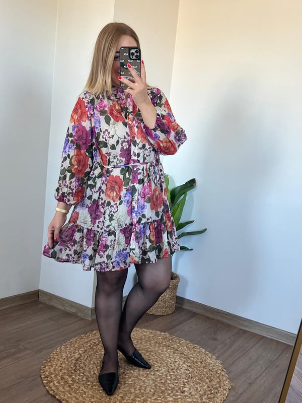 Düğme Detaylı Mini Şifon Elbise