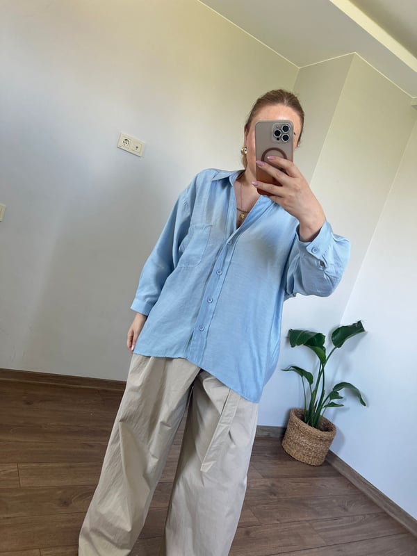 Düşük Omuzlu Oversize Gömlek (Bebe Mavisi) 