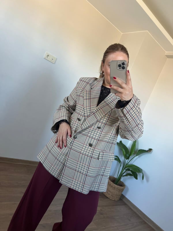 Ekose Desen Blazer Ceket