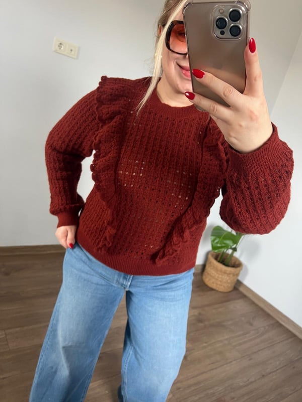 Fırfır Detaylı Triko Kazak (Taba)