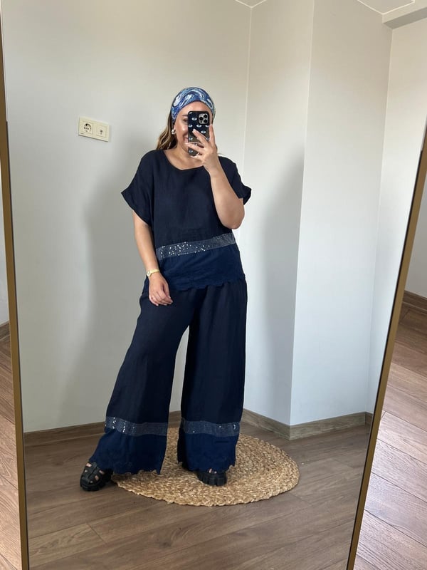 Fisto ve Payet Detaylı İtalyan Keten Oversize Bluz (Lacivet) 