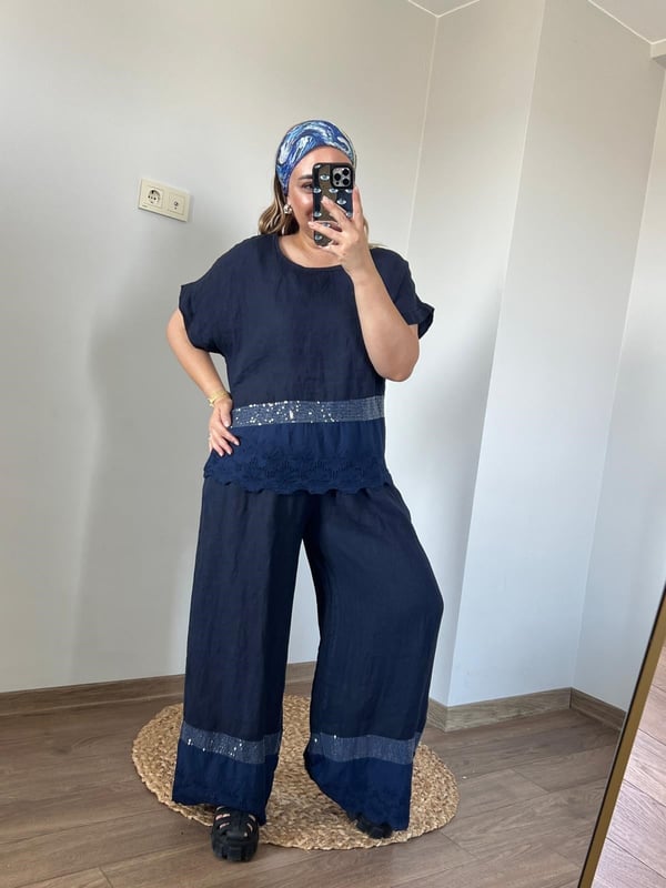 Fisto ve Payet Detaylı İtalyan Keten Oversize Bluz (Lacivet) 