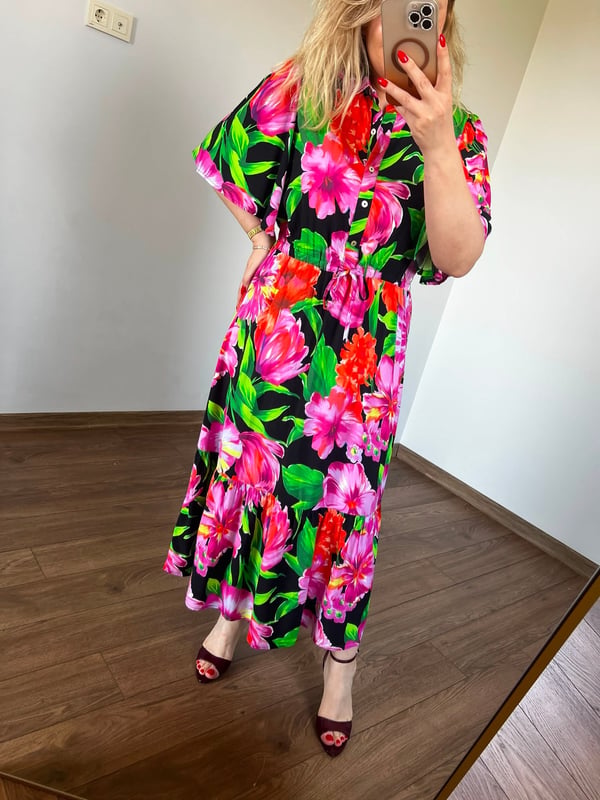 Floral Desen Yarım Düğmeli Gömlek Elbise 